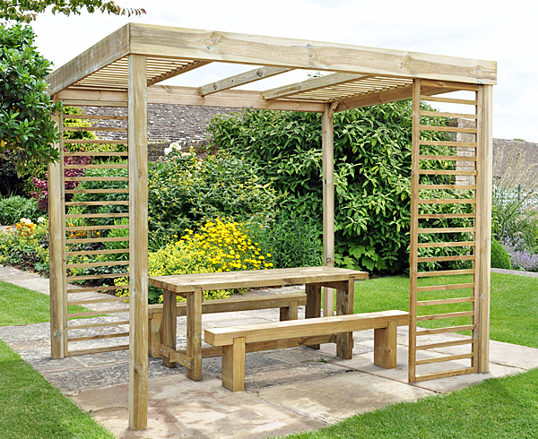 Dining pergola with plant ladders