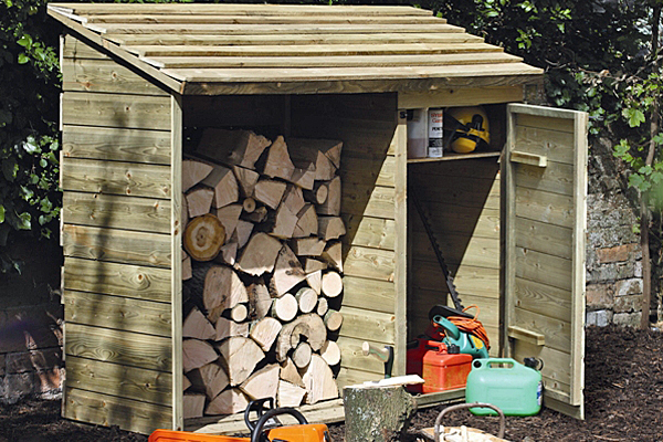 Log store with tool cupboard