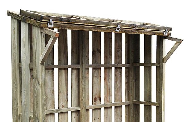 Log store with flip-top lid close-up