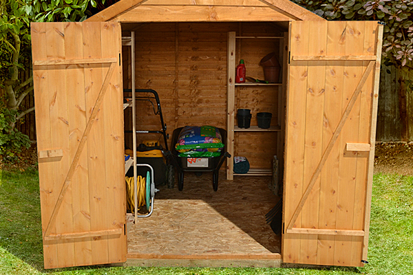 Overlap shed with open double doors